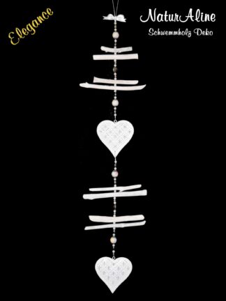 Schwemmholz Girlande Elegance mit zwei Metallherzen und Schneesternmotiv – weihnachtliche Wohndeko in Weiss und Silber. Handgefertigt, ein Unikat.