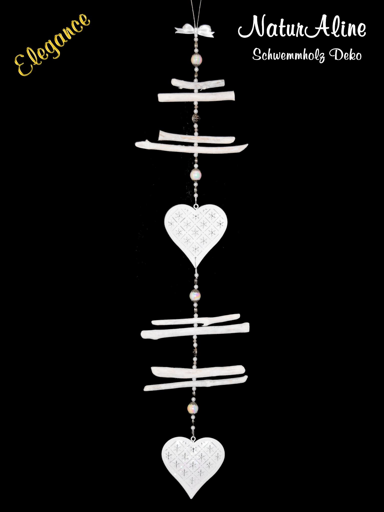 Schwemmholz Girlande Elegance mit zwei Metallherzen und Schneesternmotiv – weihnachtliche Wohndeko in Weiss und Silber. Handgefertigt, ein Unikat.
