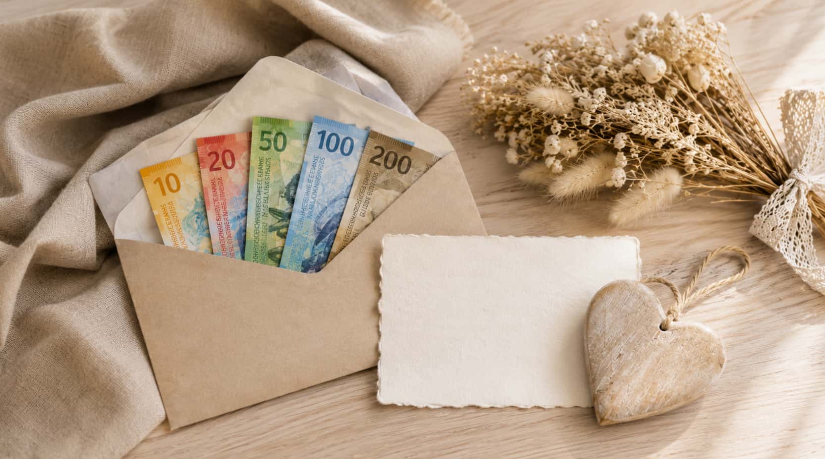 Geldgeschenk zur Hochzeit im Couvert mit Schweizer Franken, Karte und Herz aus Holz