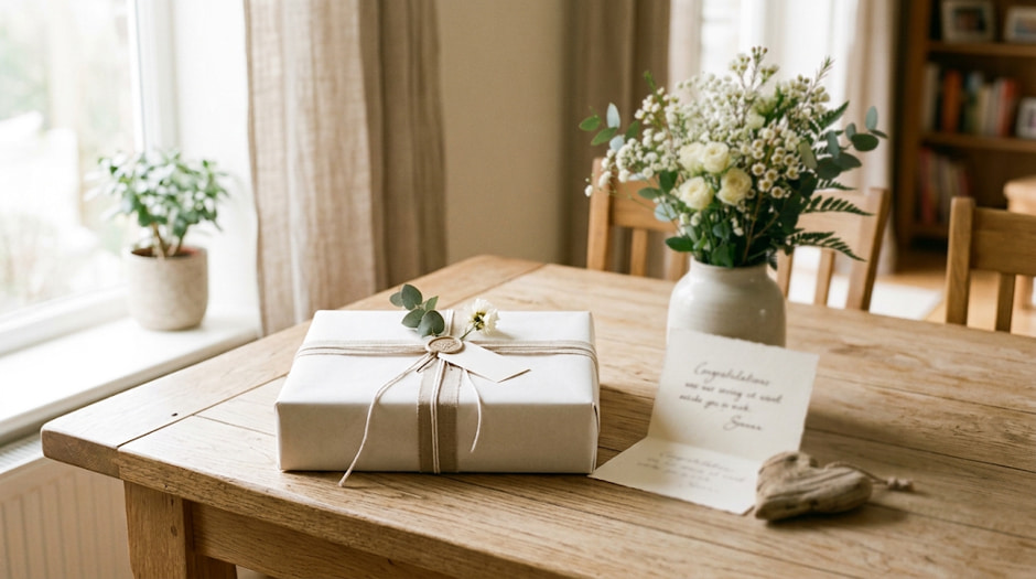 Verpacktes Hochzeitsgeschenk mit handgeschriebener Karte, Holzherz und Blumenstrauss auf einem Tisch