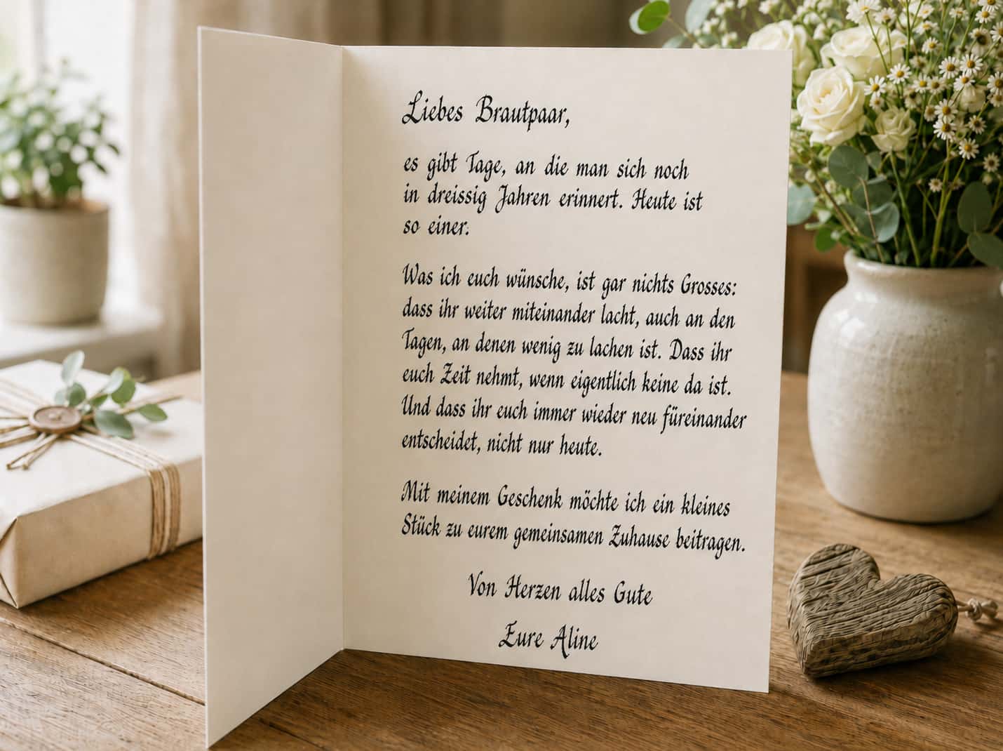 Handgeschriebene Karte an das Brautpaar neben einem verpackten Geschenk und einem Holzherz